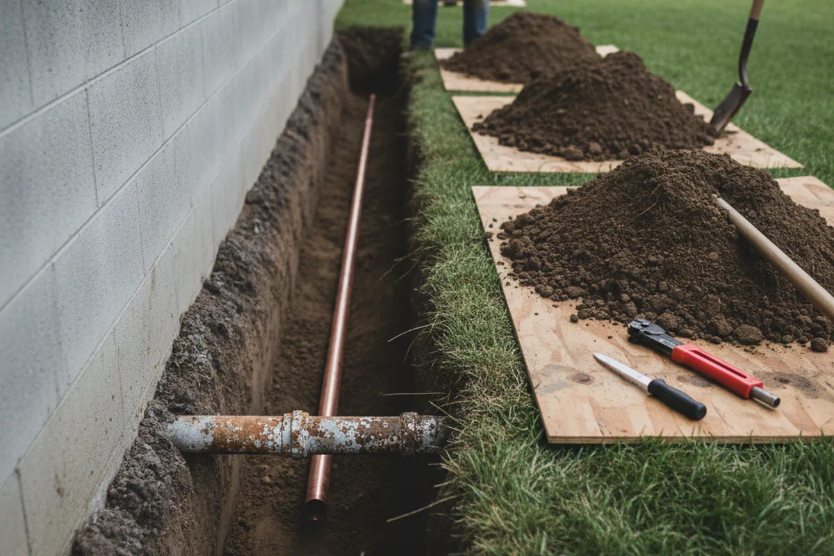 Excavated water line trench during Water Heater Repair in Potterville